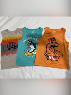 3-Pack Boys Graphic Tank Tops - Orange, Teal & Heather Gray 2T